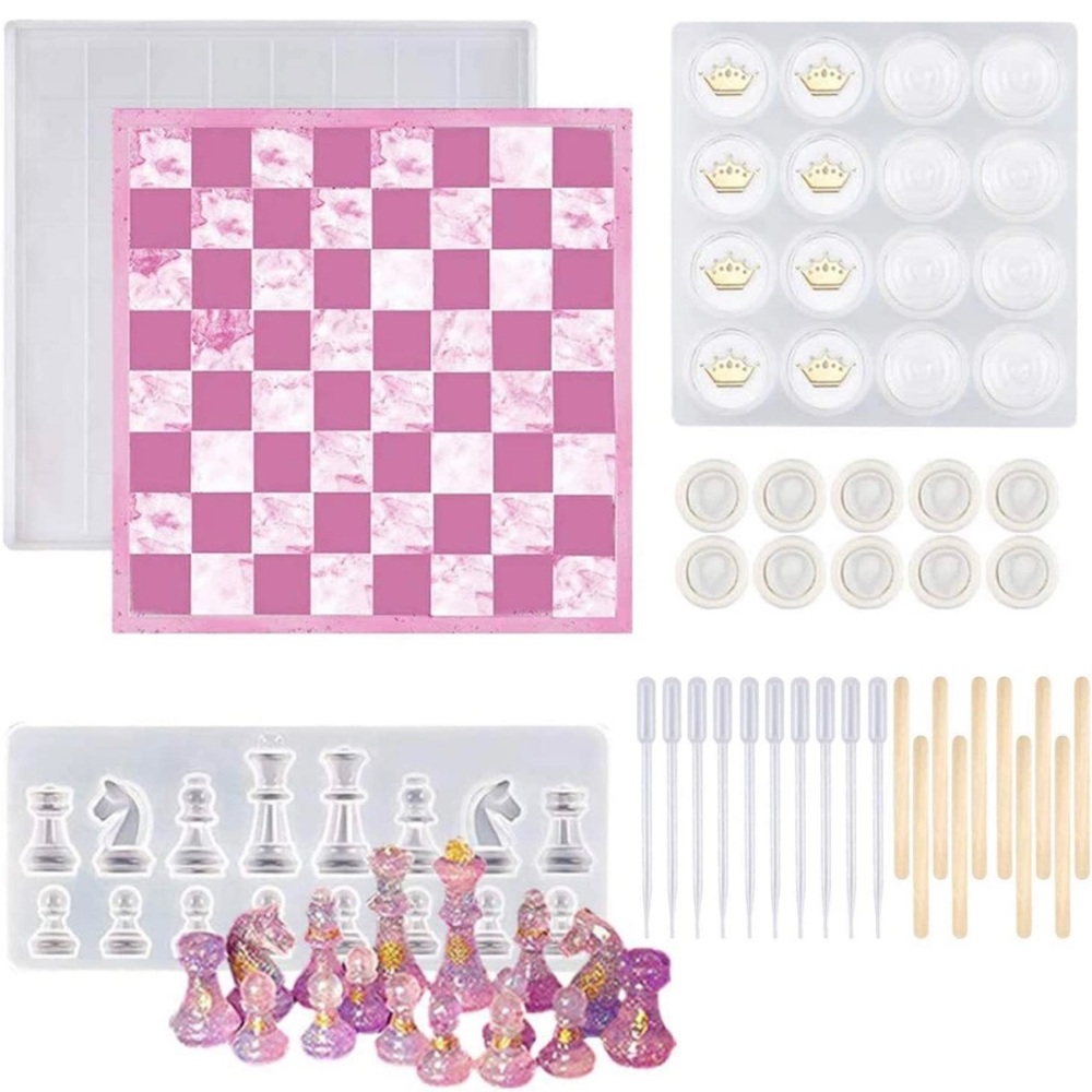 Brand New Chess and Checkers board and game pieces resin mold with accessories